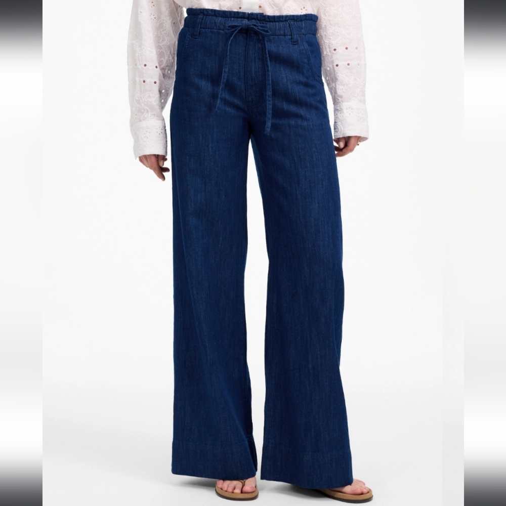 Madewell Bright Rinse Blue Wash Cotton Linen Pull On Wide Leg Pants Size 26 NWOT